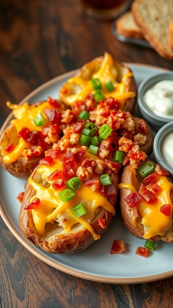 Crispy Double Baked Potatoes in Air Fryer Crispy double baked potatoes topped with cheese, bacon, and green onions on a rustic plate.